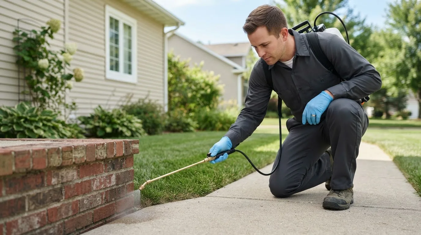 Pest control technician treating a home near Smithfield, WV
